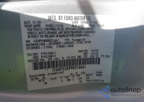 2009 Ford Focus Se z USA, uszkodzony, nr VIN 1FAHP35N99W216661